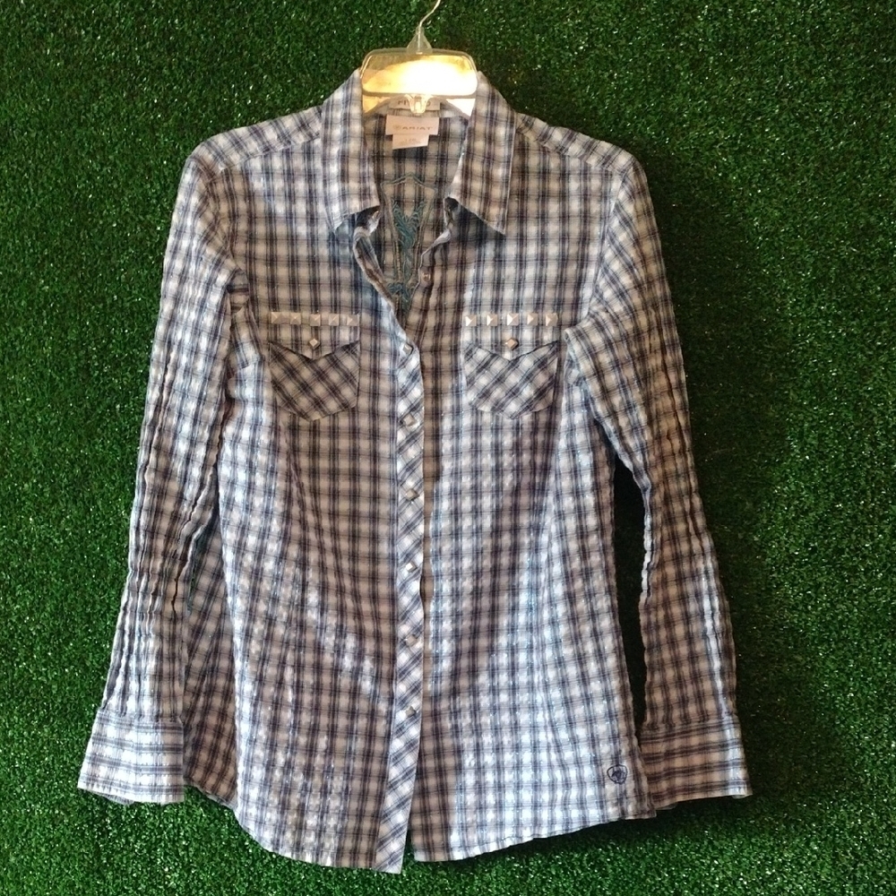 Ariat Blue and White Plaid Button Down Shirt